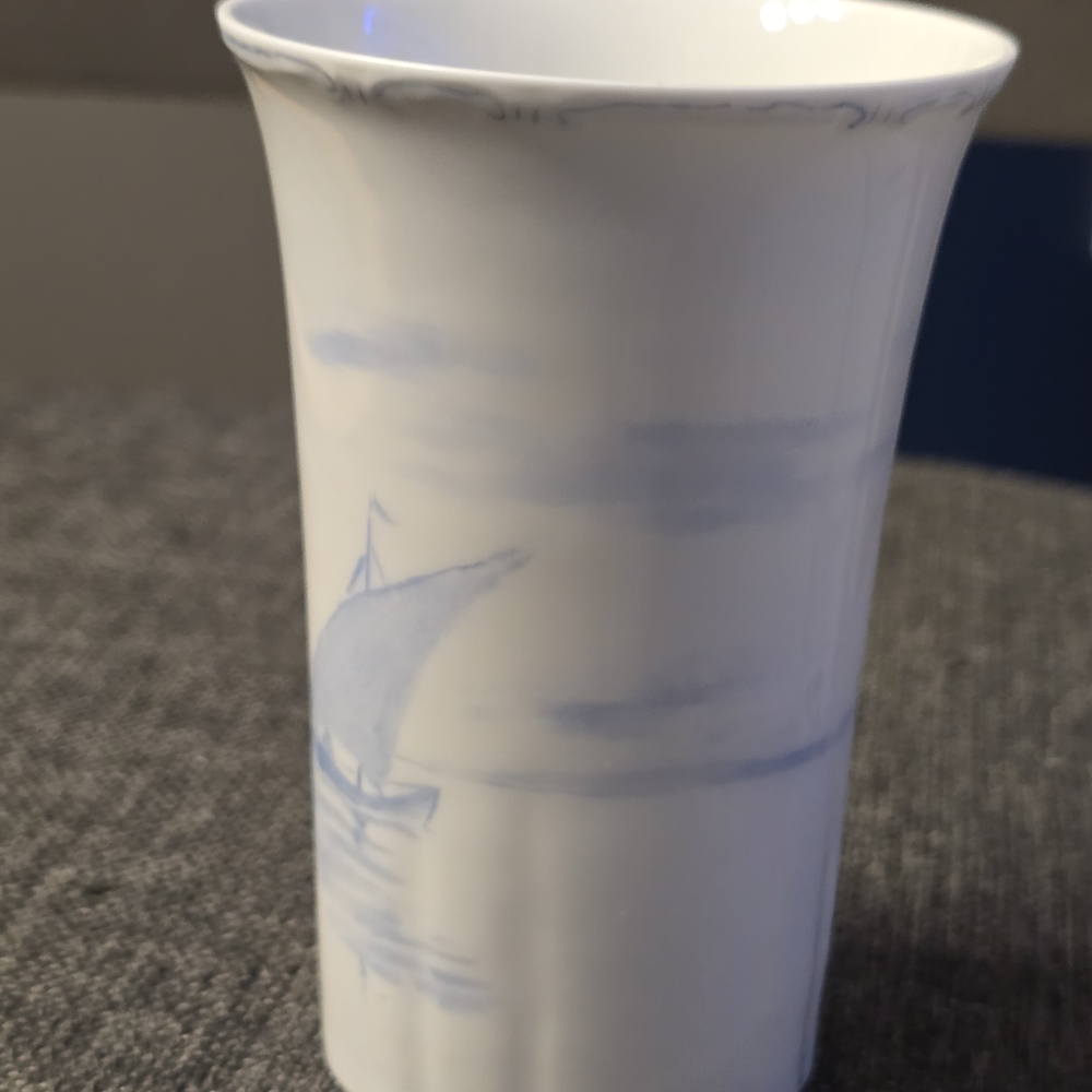 Limoges White Porcelain Cup with Blue Decoration,sailboat and Island.